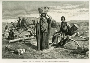 Mujer árabe y aserradores de largos diez foulis. Grabado por Eugène Girardet, para ilustrar la historia A Suse