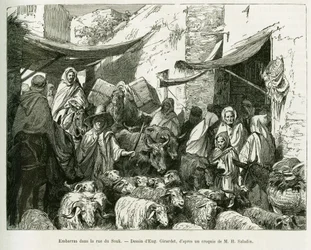 Avergonzado en la calle del zoco de Teboursouk. Grabado por Eugène Girardet, para ilustrar la historia Viaje en Túnez, por R. Cagnat y H. Saladin, encargados de una misión arqueológica por el Ministerio de Educación Pública, en Le tour du monde 1888, bajo 