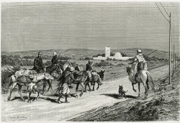 Nuestro remolque se mueve. Grabado de Eugene Girardet, para ilustrar la historia “Voyage en Tunisie”, de Rene Cagnat (1852-1937) historiador y Henri Saladin (1851-1923), arquitecto, comisionado en 1882-1883, por el Ministerio de Instrucción Pública.
