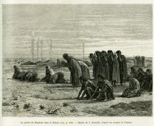 La oración del Magreb en el Sáhara. Grabado de J. Girardet, para ilustrar el relato Cinco meses entre los moros nómadas del Sáhara occidental, de Camille Douls, 1887, en Le Tour du monde 1888, bajo la dirección de Édouard Charton (1807-1890), Hachette