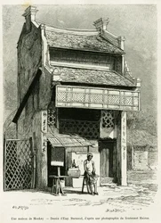 Una casa de monos. Grabado por Eugene Burnand, para ilustrar la historia Sur les frontières du Tonkin, por el Doctor P.Neiss, en le tour du monde 1888, dirigido por Edouard Charton (1807-1890), Hachette, París.