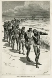 Columna de porteadores a través de los campos de arroz, entre Bassac y Hue, grabado a partir de un dibujo de Eugene Burnand, para ilustrar la historia sobre Laos y las poblaciones salvajes de Indochina, por el Dr. Harmand, en 1877, publicado en el tour du 