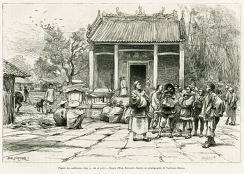 Pagoda de conferencias, Monkay. Grabado por Eugene Burnand, para ilustrar la historia Sur les frontières du Tonkin, por el Doctor P.Neiss, en le tour du monde 1888, dirigido por Edouard Charton (1807-1890), Hachette, París.