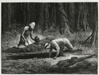 El Dr. Harmand y su ayudante anamita, realizando exhumaciones clandestinas de entierros Khas, en Attopeu (Laos), grabado por Eugene Burnand, para ilustrar la historia de Laos y las poblaciones salvajes de Indochina por el Dr. Harmand, en 1877, publicado en