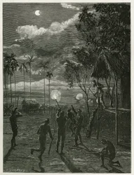 El Dr. Harmand despierta en medio de la noche por el ruido de los rifles de los indígenas Khas, disparando a la luna sometida a un eclipse, en Attopeu (Laos), grabado por Eugene Burnand, para ilustrar la historia de Laos y las poblaciones salvajes de Indoc