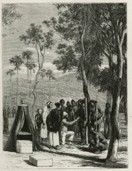 El Dr. Harmand realiza mediciones antropológicas en los indígenas Khas, en Attopeu (Laos), grabado por Eugene Burnand, para ilustrar la historia de Laos y las poblaciones salvajes de Indochina por el Dr. Harmand, en 1877, publicado en el tour du monde, baj