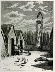 Plaza Misionera en Meuong Ngan. Grabado por Eugene Burnand, para ilustrar la historia "Viaje en el Alto Laos", en 1880, por el Dr. P.Neis. Publicado en Le Tour du monde, nuevo diario de viajes, 2º semestre 1885, editado por Edouard Charton (1807-1890)