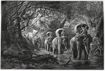 En camino hacia el bosque, la expedición viaja en el lomo de un elefante. Grabado por Eugene Burnand, para ilustrar la historia “Viaje en el Alto Laos”, en 1880, por el Dr. P.Neis. Publicado en Le Tour du monde, nuevo diario de viajes, 2º semestre