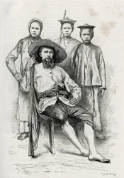 Retrato del autor, rodeado de sus compañeros de viaje. Grabado por Eugene Burnand, para ilustrar la historia "Viaje en el Alto Laos", en 1880, por el Dr. P.Neis. Publicado en Le Tour du monde, nuevo diario de viajes, 2º semestre 1885, editado por Edouard C