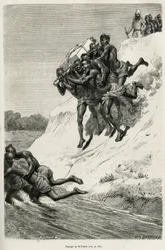 El paso del Río Se Touon (Se Touon), en el fondo, un retrato del narrador viajero, grabado según un dibujo de Eugene Burnand, para ilustrar la historia de Laos y las poblaciones salvajes de Indochina, por el Doctor Harmand, en 1877, publicado