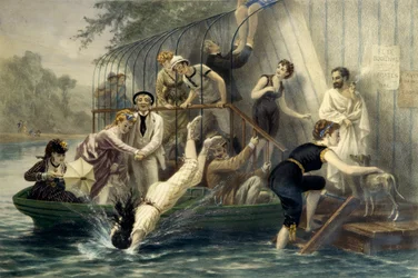 ¡Ah! La hermosa cabeza, un domingo junto al agua. Mujer buceando en un traje de baño en el agua en el siglo XIX bajo las risas de marineros divertidos. Una mujer en un bote se protege de los arañazos con su paraguas. Grabado de Eugene Guerard (1821-1866).