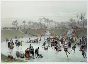 Los patinadores en el bosque de Boulogne, litografía de Eugene Guerard