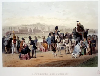Vista del hipódromo en el Bois de Boulogne Litografía de Eugene Guerard (1821-1866) siglo XIX