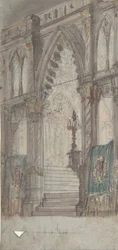 Diseño para un escenario en la Ópera, París: Interior de la iglesia