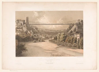 Gezicht op de hangbrug over de Sarine, te Fribourg Suiza Saboya y Tirol / Perfil del puente colgante en Friburgo (Cantón de Friburgo) (título sobre objeto)