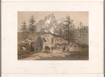 Paisaje con caminantes y vista de la Aiguille des Grands Charmoz Aiguille de Charmoz (título sobre objeto) Rostros en Suiza, Saboya y Tirol (título de la serie) La Suisse, la Savoie et le Tyrol (título de la serie sobre el objeto)