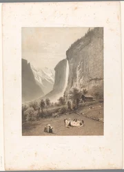 Picnic con vistas a la cascada de Staubbach Le Staubbach (título sobre objeto) La Suisse et la Savoie (título de la serie) Rostros en Suiza y Saboya (título de la serie sobre el objeto)