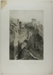 Tívoli: Los templos de Vesta y la Sibila, y las ruinas de la Gruta de Neptuno, lámina diecinueve de Italie Monumentale et Pittoresque