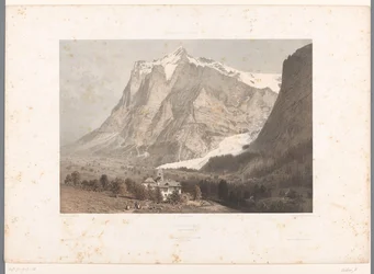 Vista de Grindelwald Grindelwald (título sobre el objeto) Rostros en Suiza, Saboya y Tirol (título de la serie) La Suisse, la Savoie et le Tyrol (título de la serie sobre el objeto)
