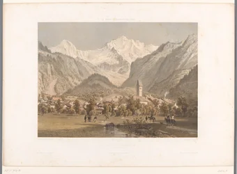 Vista de Unterseen y Jungfrau La Jungfrau à Unterseen (título sobre objeto) Rostros en Suiza, Saboya y Tirol (título de la serie) La Suisse, la Savoie et le Tyrol (título de la serie sobre el objeto)