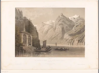 Vista de la capilla Tells en el lago de Lucerna La Chapelle de G.me Tell et le lac des Quatre-Cantons (título sobre el objeto) Rostros en Suiza, Saboya y Tirol (título de la serie) La Suisse, la Savoie et le Tyrol (título de la serie sobre el objeto)