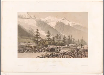 Vista del valle de Chamonix con el río Arve. Vue prise dans la Vallée de Chamonix (título sobre objeto) Rostros en Suiza, Saboya y Tirol (título de la serie) La Suisse, la Savoie et le Tyrol (título de la serie sobre el objeto)
