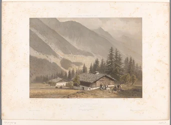 Vista de la casa de Jacques Balmat cerca de Chamonix
Maison de Jacques Balmat (título en el objeto)
Vistas de Suiza, Saboya y Tirol (título de la serie)
La Suisse, la Savoie et le Tyrol (título de la serie en el objeto)