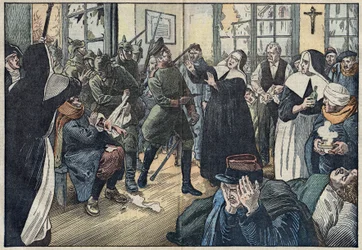 1914, Primera Guerra Mundial: Amelie Rigard, conocida como Hermana Julie, defiende a los heridos de su hospital contra los soldados alemanes. Gerbeviller, Meurthe y Mosela (54). Ilustración de Damblans. En "Le Pelerin" del 17 de mayo