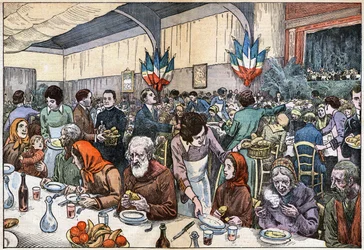 Un banquete para los pobres. El día de Navidad de 1927, el Cardenal Ferrari (dirigido en París por el Abate Rivota) organizó una misa para los pobres, seguida de un banquete para 2000 personas. Dibujo de Damb