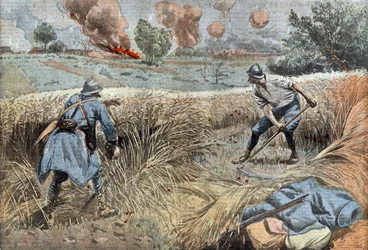 Un artillero francés siega el trigo para matar alemanes, dibujo de Damblans del periódico francés "Le Pelerin" 30 de junio