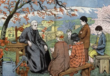 Un sacerdote y jóvenes que van a tomar su comunión, en un jardín, dibujo de Damblans del periódico "Le Pelerin" 17 de mayo