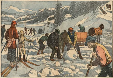 Habitantes alpinos recolectan bloques de hielo en invierno para el verano. Al fondo, hombres practican deportes de invierno. Ilustración de Damblans. En “Le Pelerin” del 18 de diciembre