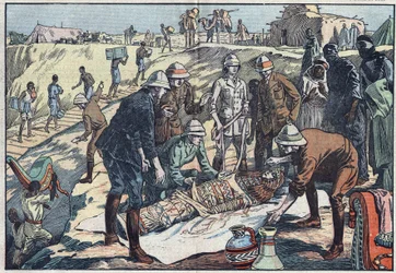 Una misión inglesa, encargada por el conde Byron de Prorok (1896-1954), arqueólogo, descubrió la tumba de Tin-Hahan en el Hoggar. Ilustración de Damblans. En "Le Pelerin" del 20 de diciembre de 1925.
