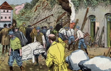 Cuerpo del general estadounidense Dunlop muerto porque rescató a la Sra. Briant bajo el colapso de los edificios anexos del castillo de Fariniere (Francia) dibujo de Damblans del periódico francés "Le Pelerin" 7 de junio