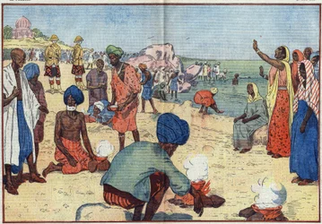 Semana de Desobediencia Civil en India contra el Imperio Británico: En la playa de Bombay, Gandhi (1869-1948) y sus seguidores hierven agua de mar para obtener sal en violación de la Ley de la Gabela. Las mujeres los animan repitiendo este coro: "Rompe, ro