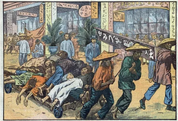Guerra civil entre nacionalistas y comunistas en China: tras los disturbios comunistas de Cantón, los cadáveres de las víctimas son amontonados en carros. Ilustración de Damblans. En «Le Pèlerin» del 4 de marzo
