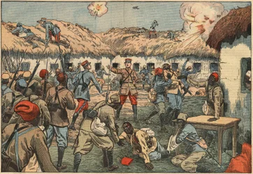 Tropas coloniales desbloquearon el puesto de Aoulay (Aoulai) en Marruecos bajo el mando del Capitán Duboin. Ilustración de Damblans. En "Le Pelerin" del 7 de junio