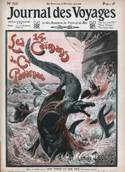 Cocodrilos devorados por tiburones. Ilustración de Damblans "Los catorce caimanes del Capitán Padarnac" de Camille Debans (1834-1910). Un periódico. Grabado en "Journal des Voyages" de 1907.