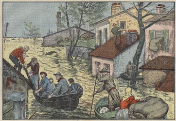 Inundaciones en Luisiana (EE.UU.): Ante las olas amenazantes del Misisipi, los agricultores y tramperos se ven obligados a abandonar sus hogares y campos. Ilustración de Damblans. En “Le Pèlerin” del 15 de mayo