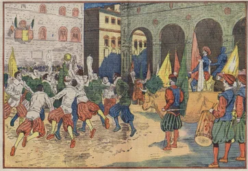 Florencia, Italia: en la Plaza de la Señoría, se reconstituyó una parte del "calcio", fútbol del siglo XV, con un traje de época. Un buey fue ofrecido al equipo ganador. Ilustración de Damblans. En "Le Pelerin" del 8 de junio