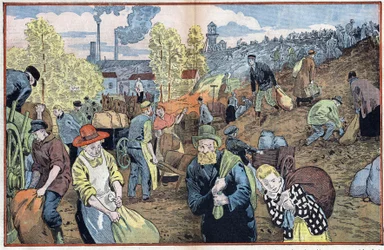 Cazadores buscan trozos de carbón entre las piedras extraídas de las minas para calentarse durante el invierno. Región del Ruhr, Alemania. Ilustración de Damblans. En "Le Pelerin" del 4 de octubre.