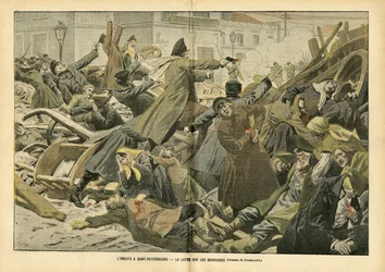 Ilustración de Eugene Damblans en Le Pelerin, 05/02/05 - La revuelta en San Petersburgo. La lucha en las barricadas