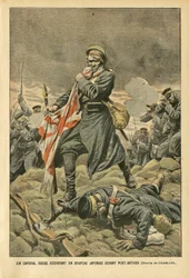 Ilustración de Eugene Damblans (1865-1945) en Le Pelerin, 01/01/05 - Un cabo ruso rasgando una bandera japonesa frente a Port Arthur - Rusia, Japón, Port Arthur, Guerra Ruso-Japonesa, Combate, Fusiles - Soldados, Cabo