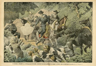 Ilustración de Eugene Damblans (1865-1945) en Le Pelerin, 02/07/05 - Roosevelt, Presidente de los Estados Unidos, distraído de las preocupaciones del poder cazando osos grizzly en las Montañas Rocosas