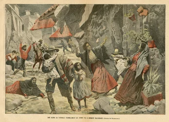 Ilustración de Eugene Damblans (1865-1945) en Le Pelerin, 02/09/06 - Una escena del terrible terremoto - Hechos diversos, América Latina, Terremoto, Chile, Valparaíso