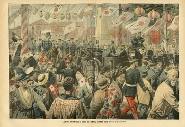 Ilustración de Eugene Damblans (1865-1945) en Le Pelerin, 05/11/05 - La entrada triunfal a Tokio del almirante japonés Togo - Ejército, Japón, Multitud, Tokio - Almirante Almirantes, Togo Heihachiro (1848-1934), Civiles