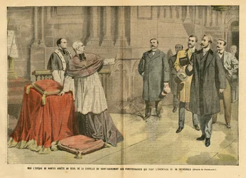 Ilustración de Eugene Damblans (1865-1945) en Le Pelerin, 09/12/06 - Monseñor el Obispo de Nantes, se detiene en el umbral de la capilla del sacramento. Funcionarios que hacen un inventario de su catedral. - Religión Fe, Arquitectura Interna, Iglesias Cate