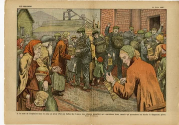 Ilustración de Eugene Damblans (1865-1945) en Le Pelerin, 20/03/27 - Tras la explosión en la mina de... las mujeres de los mineros llevan a los rescatistas sus canarios que permiten detectar el gas grisú peligroso - Inglaterra Gran Bretaña, Minería, Indust