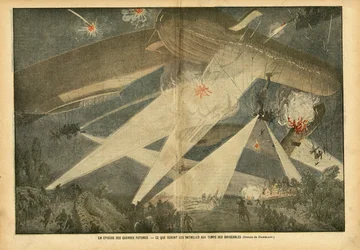 Ilustración de Eugene Damblans (1865-1945) en Le Pelerin, 24/11/07 - Un episodio de guerras futuras - Cómo serán las batallas en la época de los dirigibles - Guerra, Globos dirigibles zepelines aerostación, Nocturno, Combate