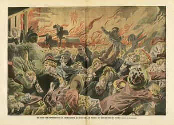 Ilustración de Eugene Damblans en Le Pelerin, 26/01/08 - Durante una actuación de cineasta en Estados Unidos, cientos de víctimas murieron en un incendio